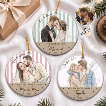Our First Christmas As Mr & Mrs Custom Newlywed Couple Photo - Personalized Ornament