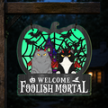 Welcome-Foolish-Mortals-Halloween-Decor-Cat-Lover-Gift-Personalized-Wood-Sign1
