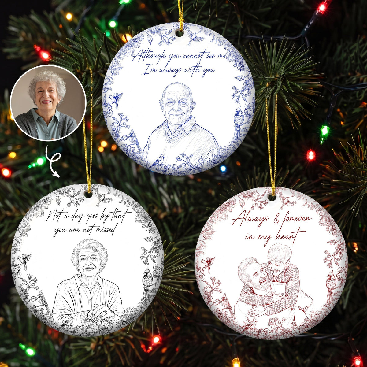Always With You At Christmas & Forever Custom Photo Sketch Art - Personalized Ornament 1