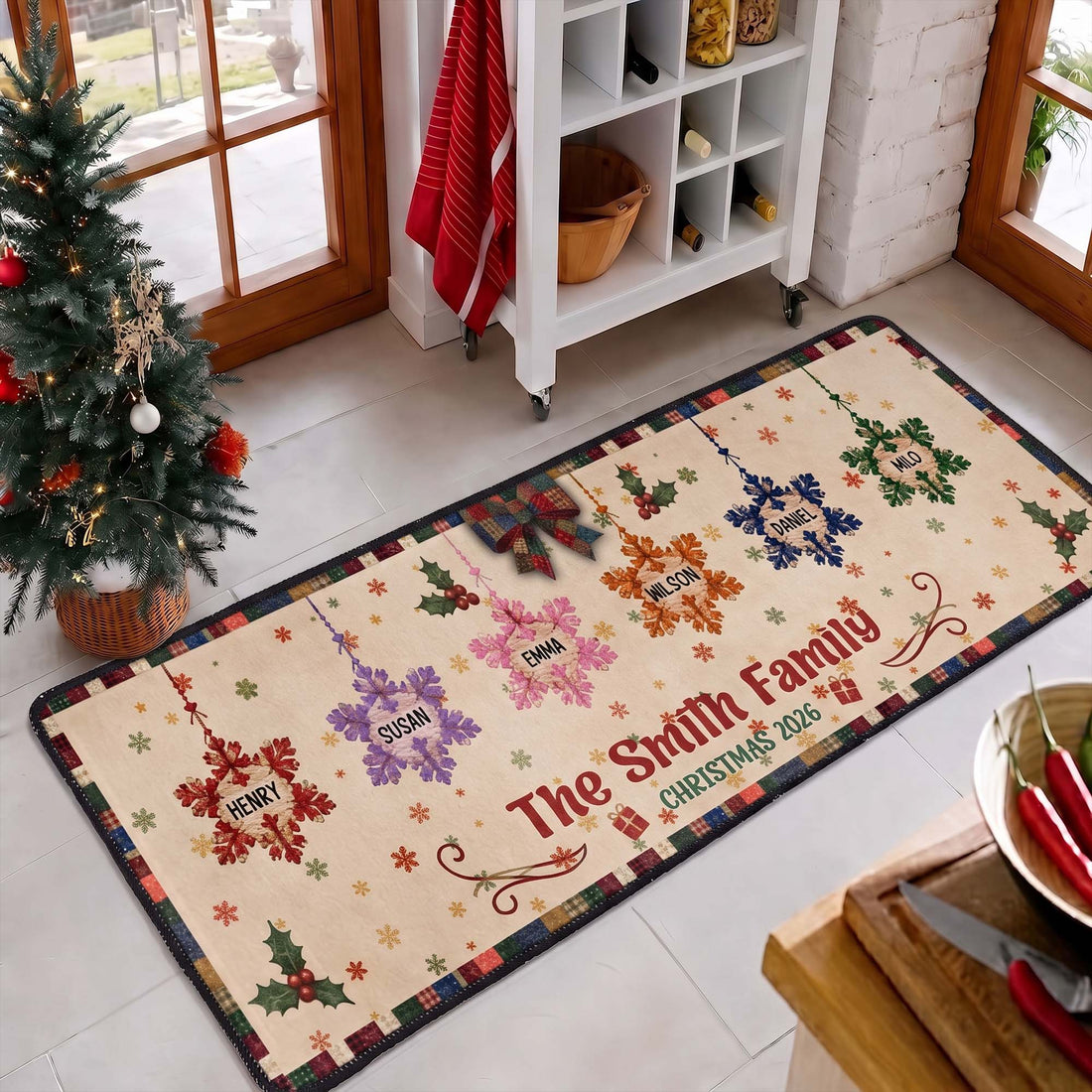 Christmas Together - Custom Family Name, Snowflake Patchwork Effect - Personalized Runner Rug 1