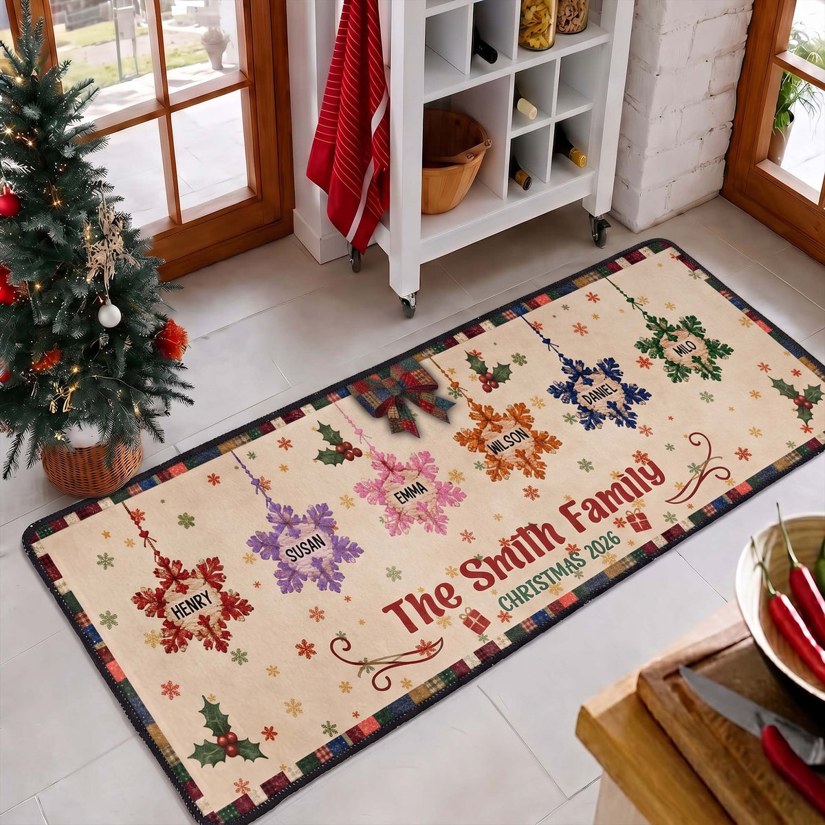 Christmas Together - Custom Family Name, Snowflake Patchwork Effect - Personalized Runner Rug 1