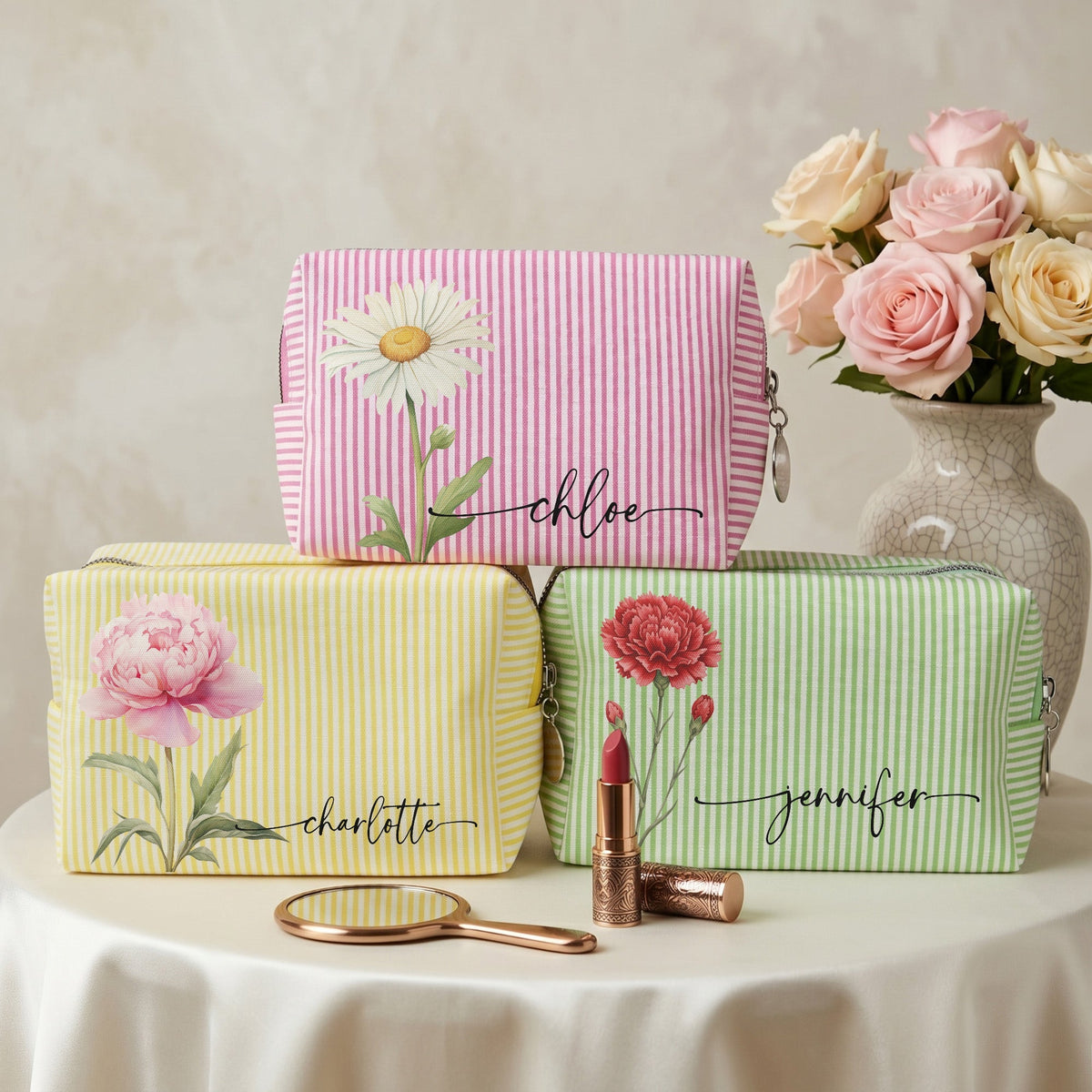 Custom Birth Flower & Name Gifts For Her, Friends, Sisters, Daughters - Personalized Makeup Bag 1