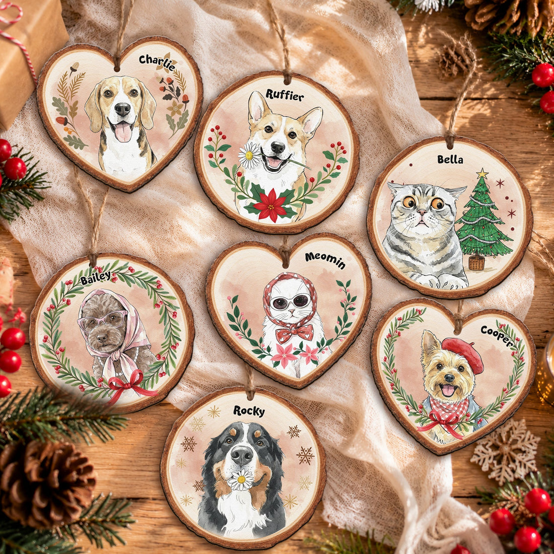 Custom Pet Portrait Watercolor Art Christmas Wooden Decor Pet Loss Gifts - Personalized Ornament 1
