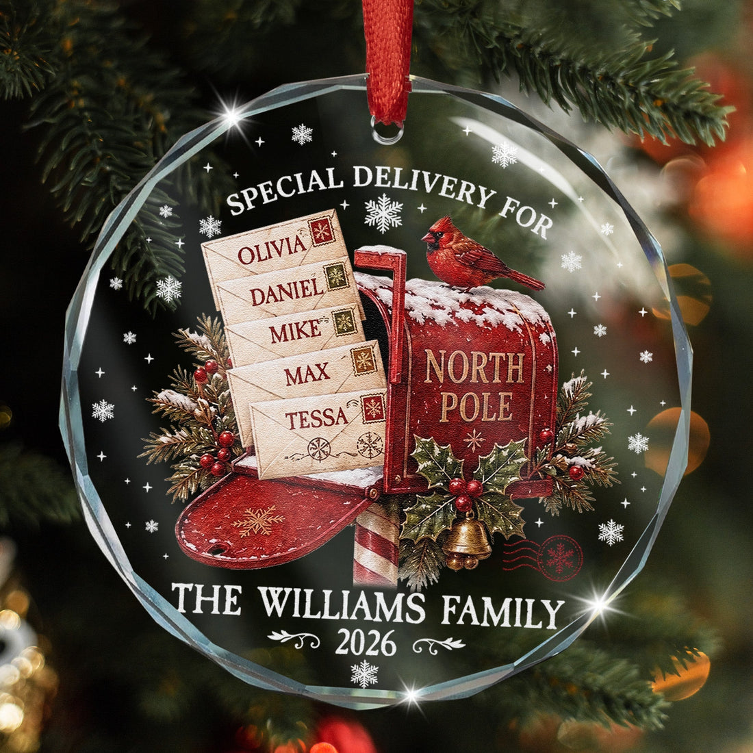 North Pole Custom Family Name Christmas Gifts Glass - Personalized Ornament